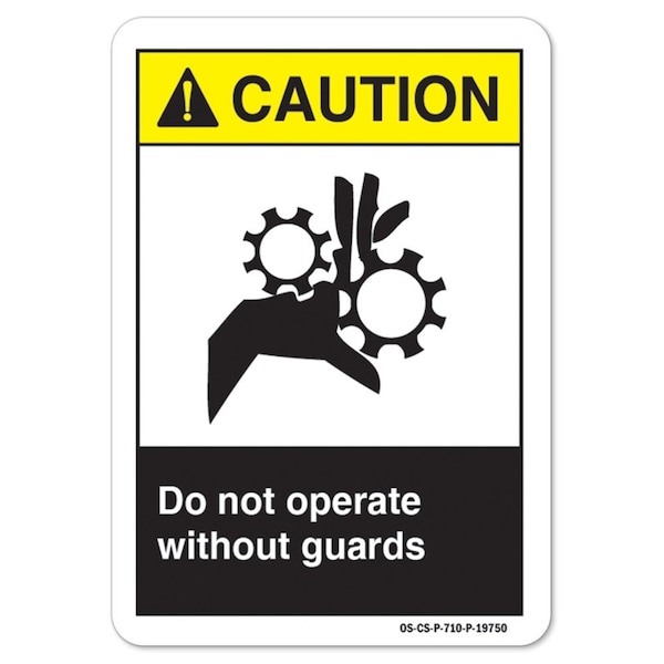 ANSI Caution, 5" x 3.5", Landscape, PK10, Do Not Operate w/o Guards, Do Not Operate w/o Guards